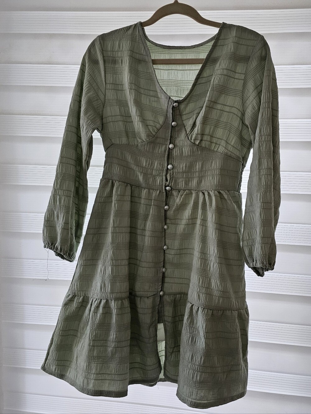 Light Green Tiered Button-Front Women's Long Sleeves Knee Length Boho Dress
